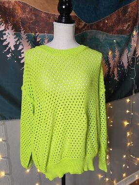 DAVI & DANI Neon Lime Open-Weave Crewneck Sweater Size M